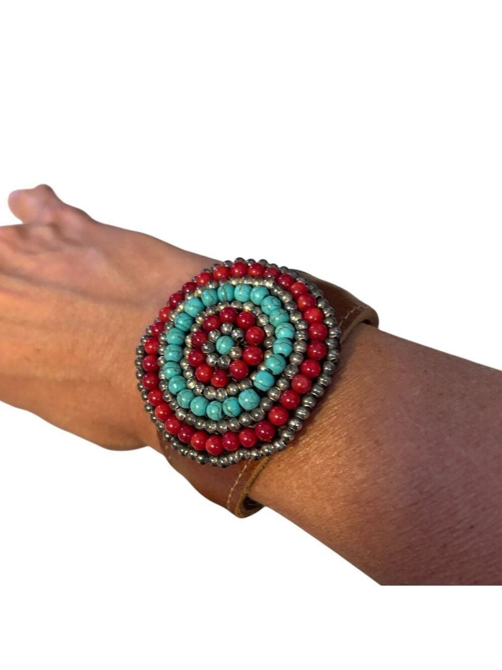 Beaded Cuff Bracelet Adjustable Band Silver, Red and Turquoise Colored Beads
